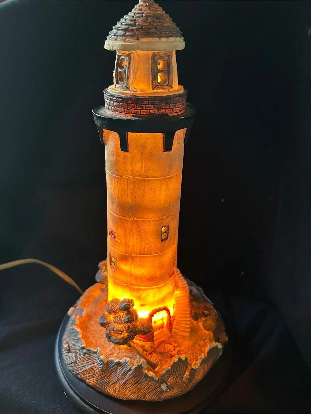 Ceramic Lighthouse Night Light in Warm Beige & Black